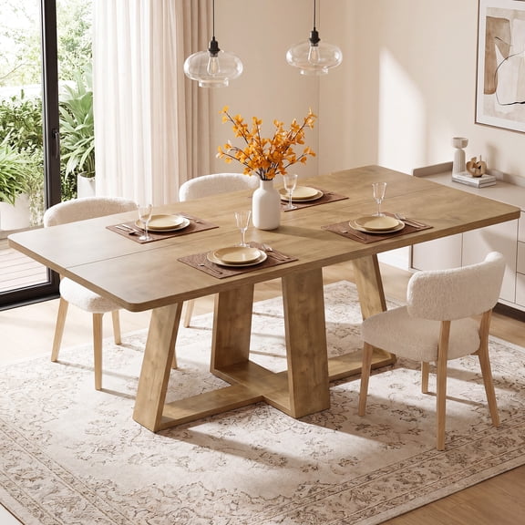 Finmind 63" Dining Table for 4-6, Farmhouse Kitchen Table with Wooden Pedestal for Dining Room, Rustic Brown