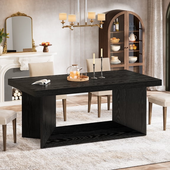 Finmind 63" Dining Table for 4-6, Rustic Kitchen Dinner Table with Heavy Duty Pedestal, Black