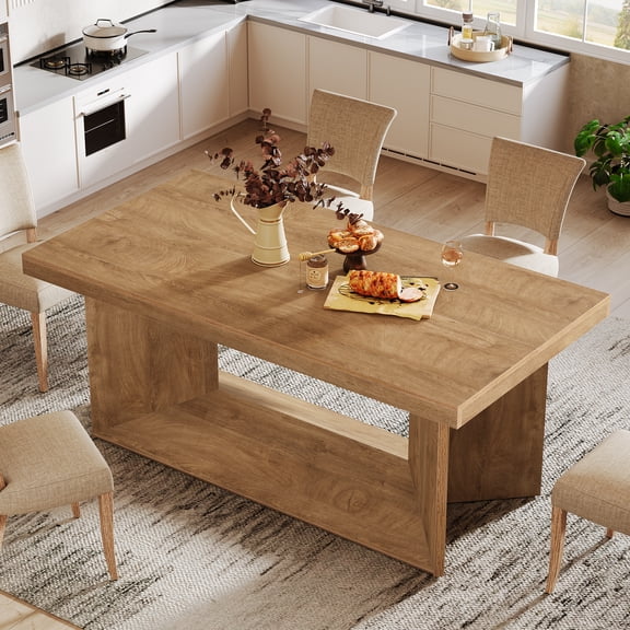 Finmind 63" Dining Table for 4-6, Rustic Kitchen Dinner Table with Heavy Duty Pedestal, Brown