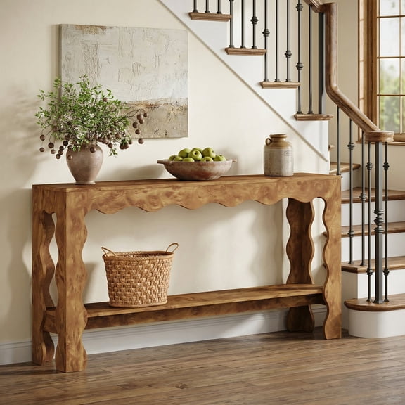Finmind 63" Entryway Table, Modern Rustic Console Table with Scalloped Edge & Storage Shelf, Light Brown