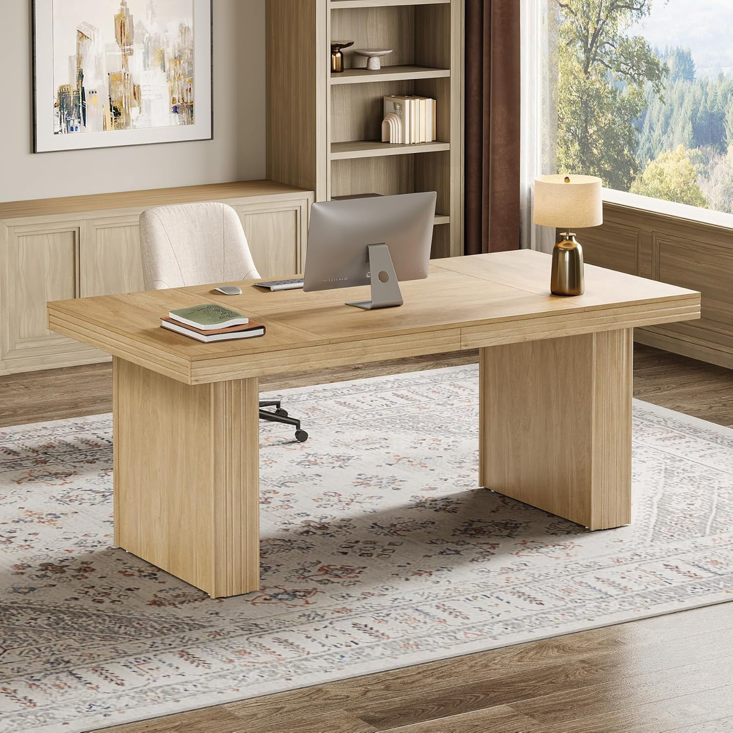 Finmind 63" Executive Desk with Heavy-Duty Leg for Office, Natural