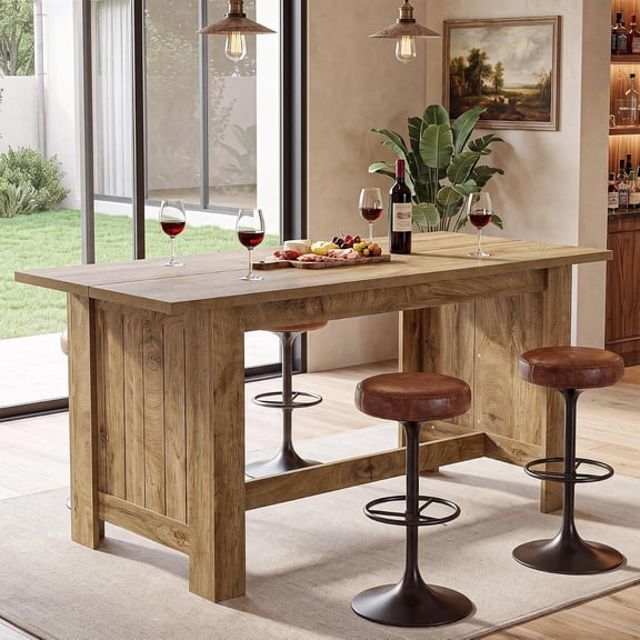 Finmind 63" Farmhouse Bar Table, Counter Height Pub Dining Table, Natural Brown