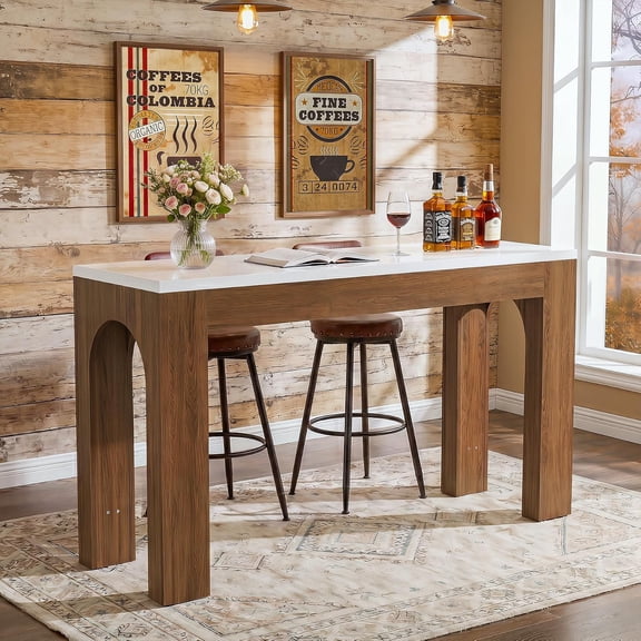 Finmind 63" Farmhouse Bar Table, Counter Height Pub Table with Arched Legs, White & Brown