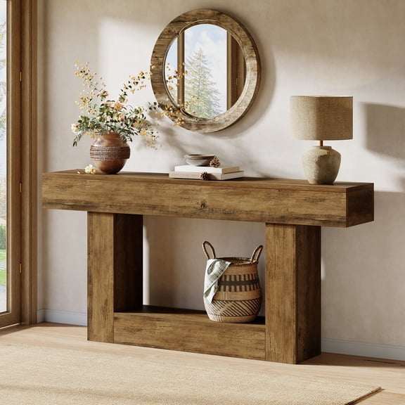 Finmind 63" Farmhouse Console Table, 2-Tier Narrow Sofa Table with U-Shaped Base, Vintage Brown