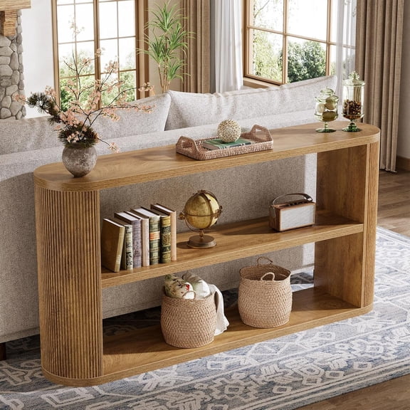 Finmind 63" Farmhouse Console Table, Entryway Table with 3-Tier Open Shelf, Narrow Wooden Sofa Table for Living Room, Hallway & Foyer