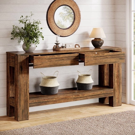 Finmind 63" Farmhouse Console Table with 2 Drawers & Open Shelf