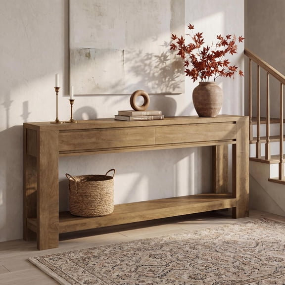 Finmind 63" Farmhouse Console Table with 2 Storage Drawers & Open Shelf, Entryway Sofa Table, Brown