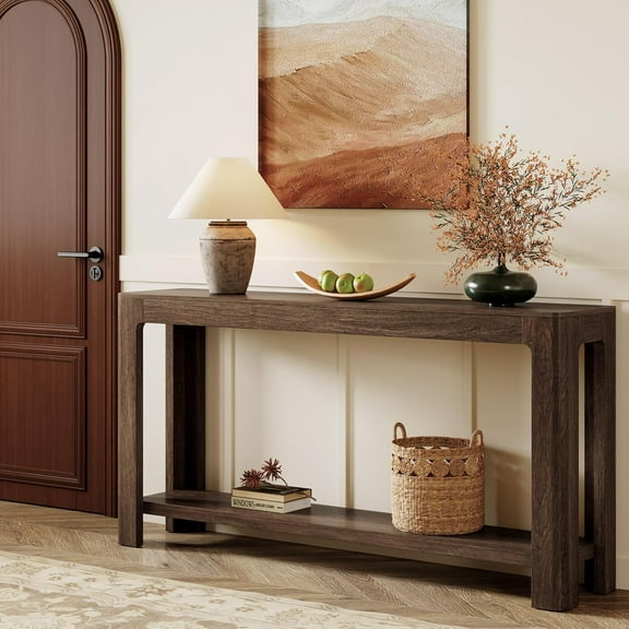 Finmind 63" Farmhouse Entryway Console Table, 2-Tier Narrow Sofa Table Behind Couch for Entryway, Foyer & Hallway, Dark Brown