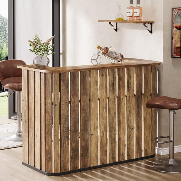 Finmind 63" Farmhouse Home Bar Unit, 2-Tier Liquor Bar Table with Storage Shelves, Rustic Brown