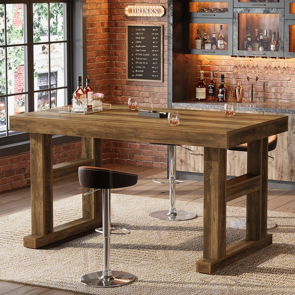 Finmind 63" Home Bar Tale Unit, Wooden Counter Height Pub Table with Sturdy Legs for Dining Room, Bistro, Brown