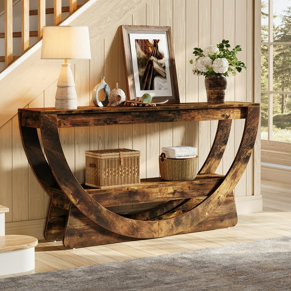 Finmind 63-Inch Console Table, Farmhouse 2-Tier Entryway Table with Storage Shelves & Arched Frame for Hallway, Living Room, Entrance, Behind Couch, Dark Brown