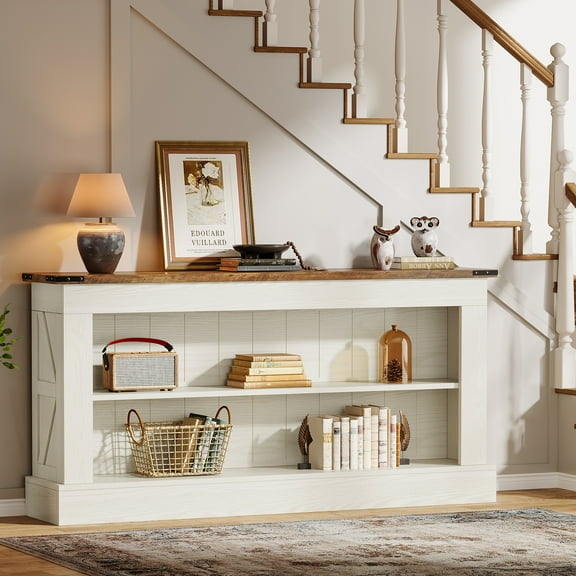 Finmind 63 Inch  Console Table with Shelf, Narrow Long EntrywayTable, Farmhouse Sofa Console Behind Couch, for Foyer, Hallway Living Room, White and Brown