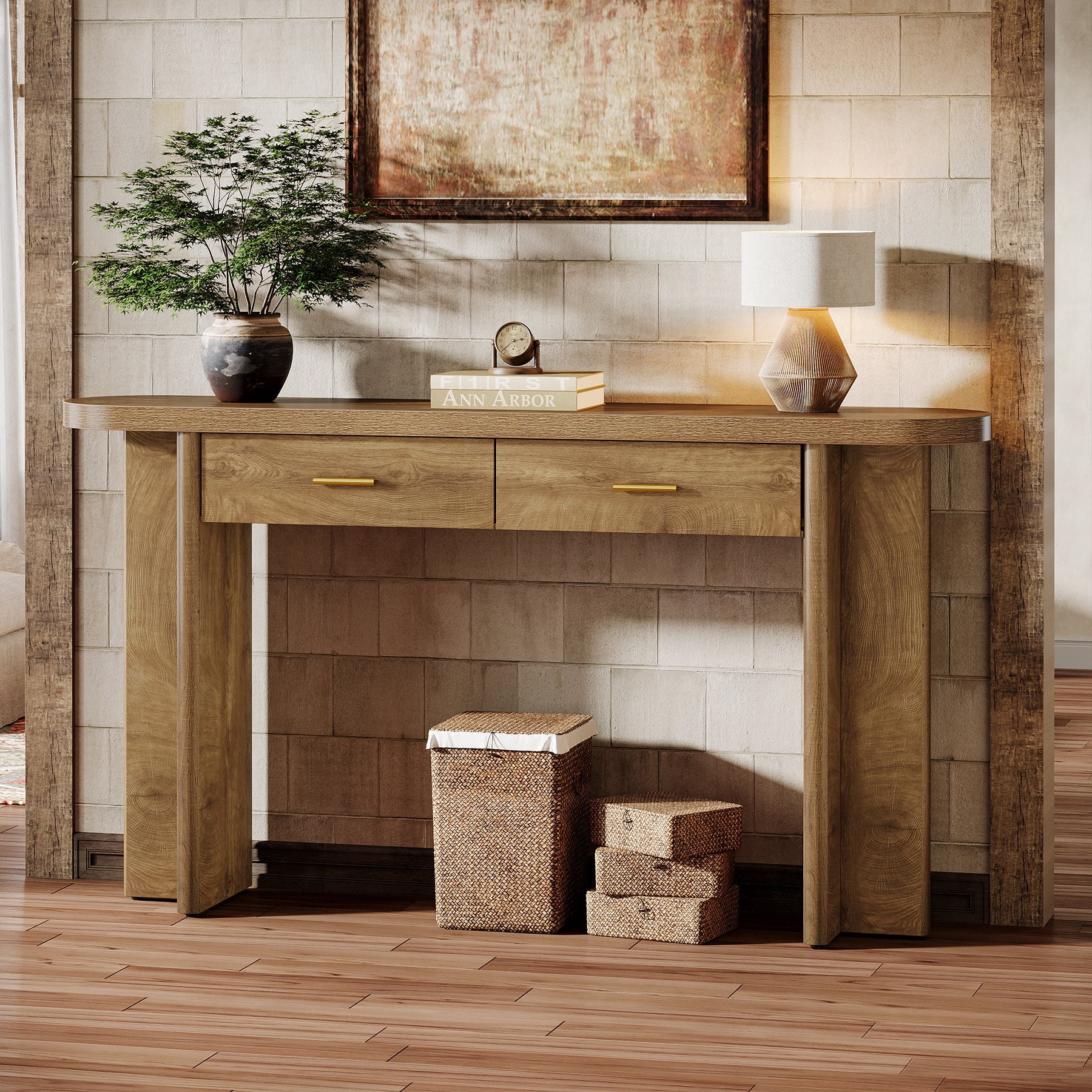 Finmind 63-Inch Console Table with 2 Drawers, Farmhouse Oval Curved ...