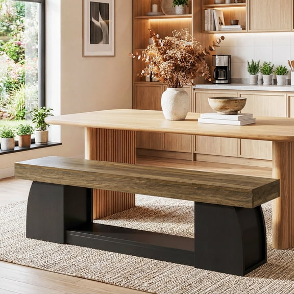 Finmind 63-Inch Dining Bench, Farmhouse Long Kitchen Table Bench with Sturdy Frame for Dining Room, Brown & Black