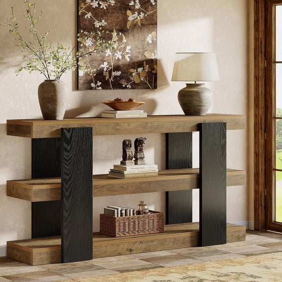 Finmind 63-Inch Farmhouse Console Table, 3-Tier Entryway Table with Storage, Rustic Brown & Black Wood Sofa Table for Living Room, Hallway, Entryway