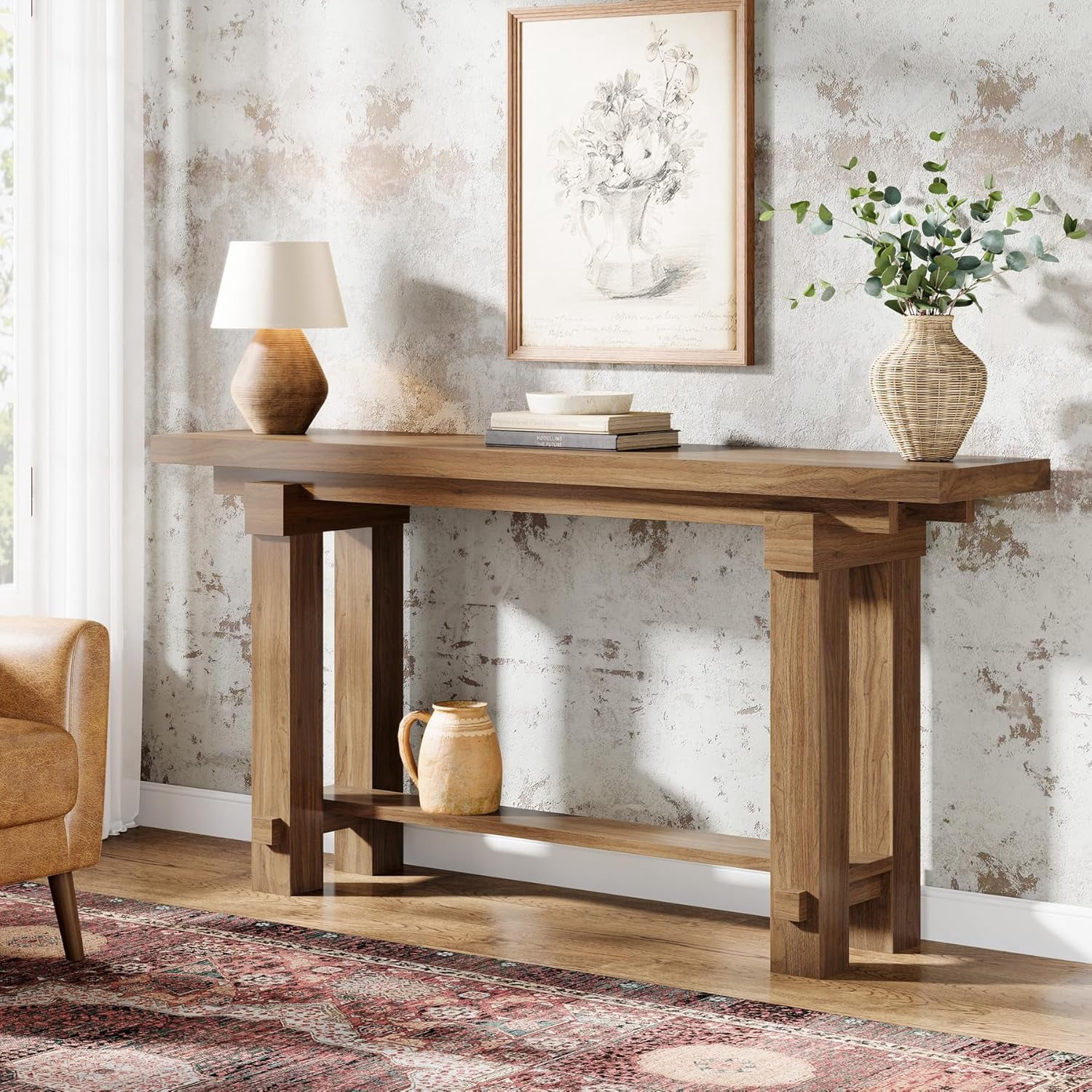 Finmind 63-Inch Farmhouse Console Table with Storage, 2-Tier Sofa Table ...