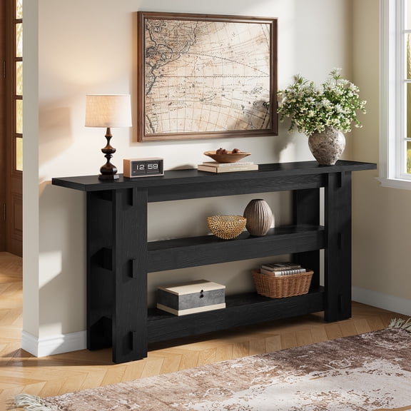 Finmind 63-Inch Farmhouse Solid Wood Console Table, Sofa Table Behind Couch with Storage Shelves, Entryway Furniture for Living Room, Hallway, Foyer