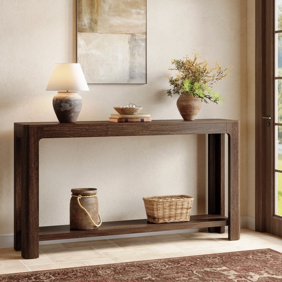 Finmind 63 Inch Rustic 2-Tier Entryway Console Table, Narrow Sofa Table, Accent Furniture for Foyer and Hallway, Dark Brown