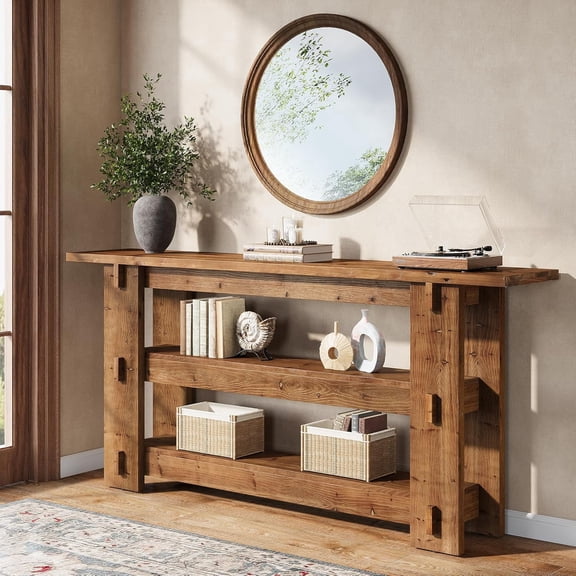 Finmind 63-Inch Solid Wood Console Table, Farmhouse Sofa Table Behind Couch with Storage Shelves, Entryway Furniture for Living Room, Hallway, Foyer