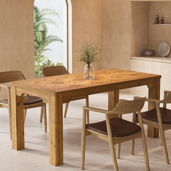 Finmind 63-Inch Solid Wood Dining Table for 6, Rectangular Kitchen Table with Geometric Design, Light Brown