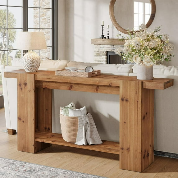 Finmind 63-Inch Solid Wood Entryway Table, Narrow Console Table with 2-Tier Storage Shelves