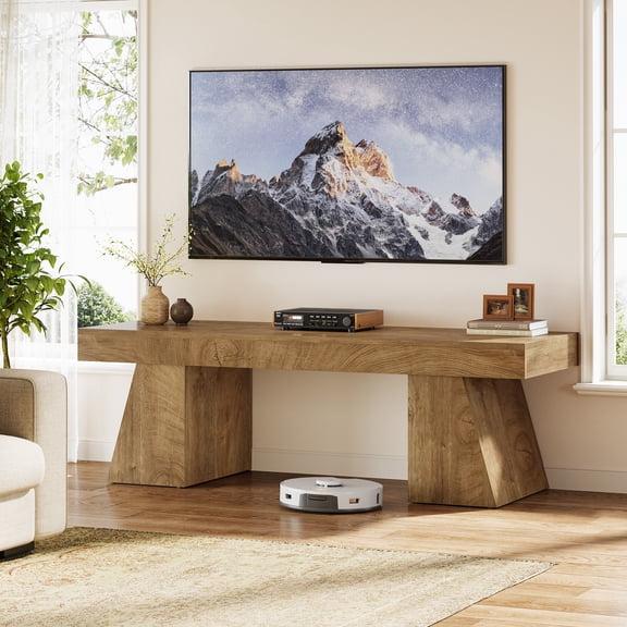 Finmind 63-Inch TV Stand for TVs up to 75 Inch, Mid-Century Modern Media Console Entertainment Center with Sturdy Wooden Base