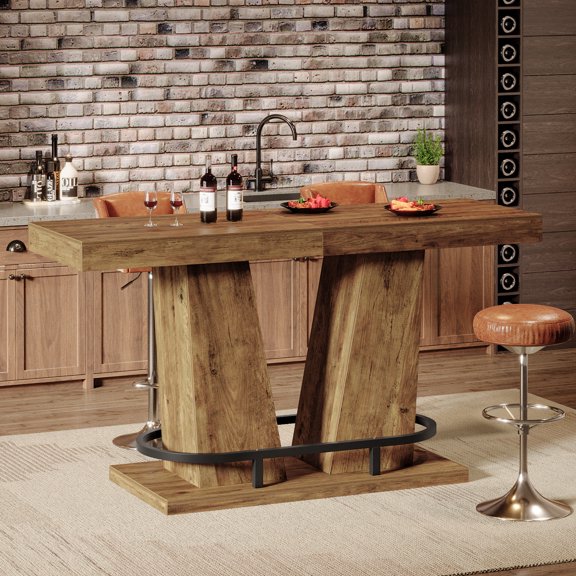 Finmind 63" Industrial Bar Table for 4-6, Rectangle Counter Height Pub Table with Metal Footrest for Home Bar, Kitchen, Balcony, Rustic Brown