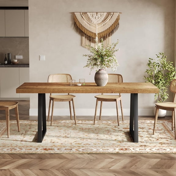 Finmind 63" Industrial Dining Table for 4-6 People, Solid Wood Rectangular Kitchen Table with Metal Legs for Home, Dining Room, Small Space, Rustic Brown
