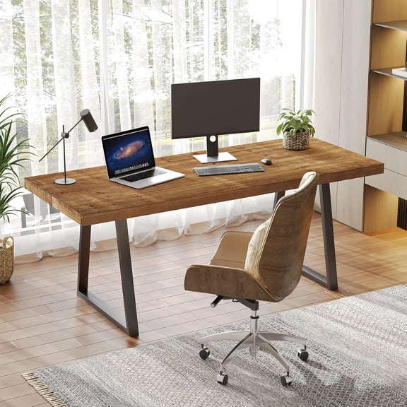 Finmind 63" Industrial Executive Desk, Solid Wood Computer Desk with Metal Legs, Large Study Writing Table for Home Office, Conference Room