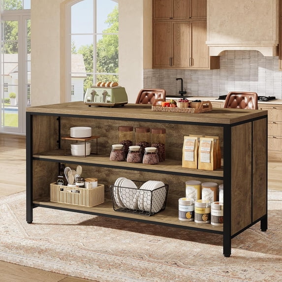 Finmind 63" Kitchen Island with Storage & Seating, Farmhouse Stationary Island Table with Metal Frame, Large Countertop Coffee Bar Cabinet for Kitchen/Dining Room, Rustic Brown & Black