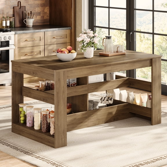 Finmind 63" Kitchen Island with Storage, 3-Tier Farmhouse Wooden Stationary Island Table with Large Worktop, for Kitchen, Dining Room, Rustic Brown