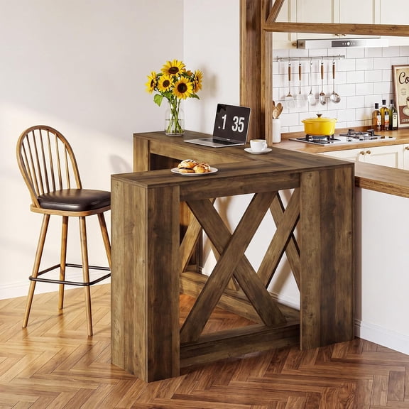 Finmind 63" L-Shaped Bar Table, Farmhouse Counter Height Pub Table for Kitchen, Dining Room, Apartment