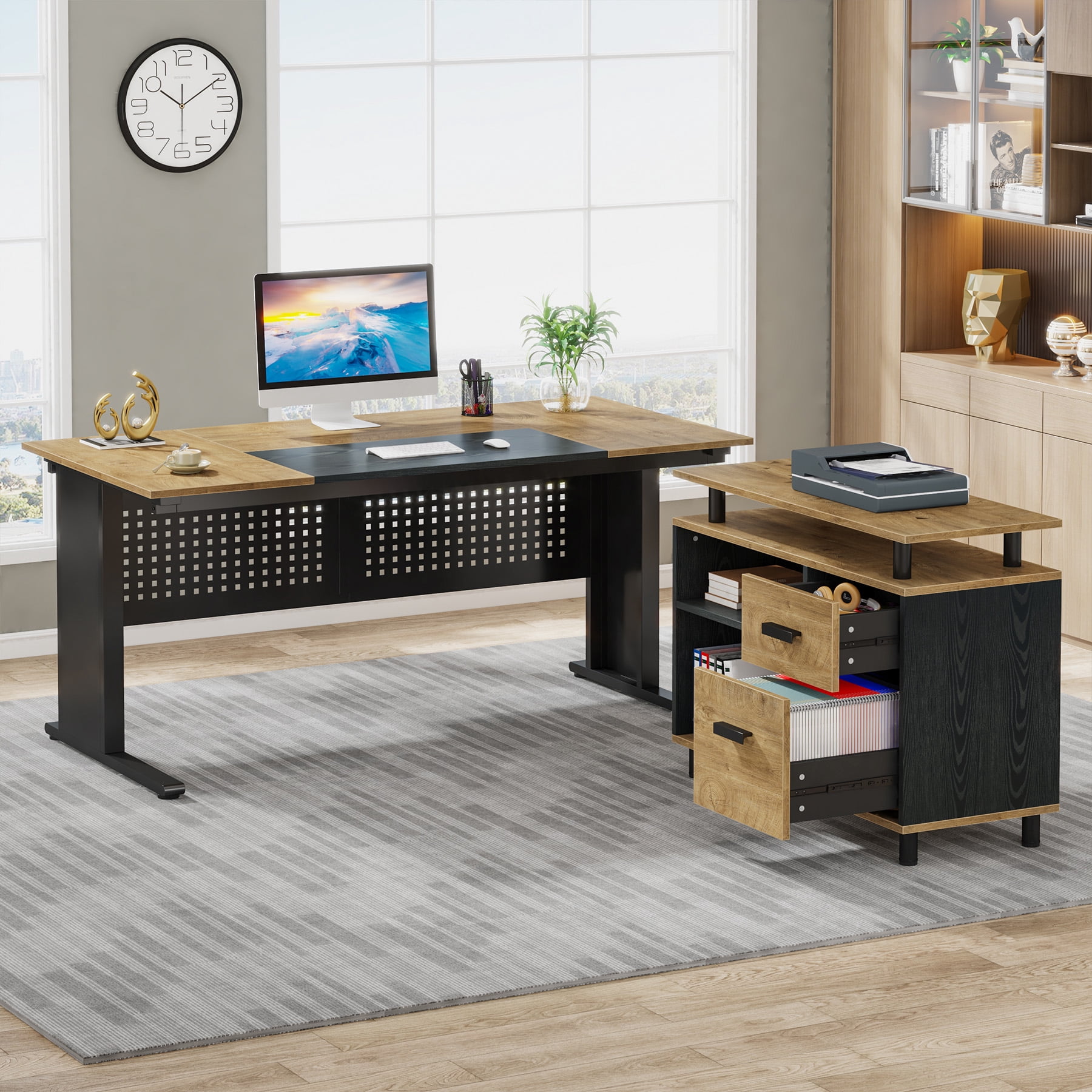 Finmind 63" L-Shaped Executive Desk with File Cabinet, Large Office Computer Desk with Drawers and Shelves, for Home Office, Light Brown and Black