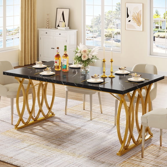 Finmind 63" Large Modern Dining Table 4-6 People, Dinner Table Kitchen & Dining Room Furniture with Faux Marble Tabletop and Geometric Legs