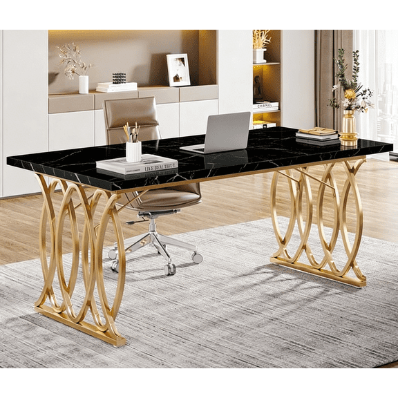 Finmind 63" Large Modern Dining Table 4-6 People, Dinner Table Kitchen & Dining Room Furniture with Faux Marble Tabletop and Geometric Legs