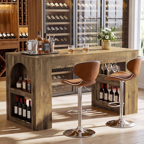 Finmind 63" Long Bar Table, Counter Height Table with Storage, Farmhouse High Top Pub Tables for Kitchen, Home Bar, Basement, Rustic Brown