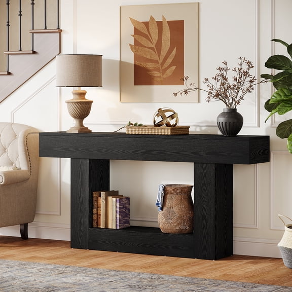 Finmind 63" Long Console Table, 2-Tier Entryway Table with Storage, Farmhouse Wood Behind Couch Table for Living Room, Hallway, Black