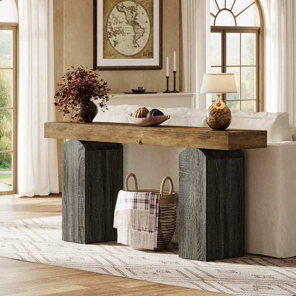 Finmind 63" Long Entryway Table, Farmhouse Console Table with 2 Arched Pedestal Legs