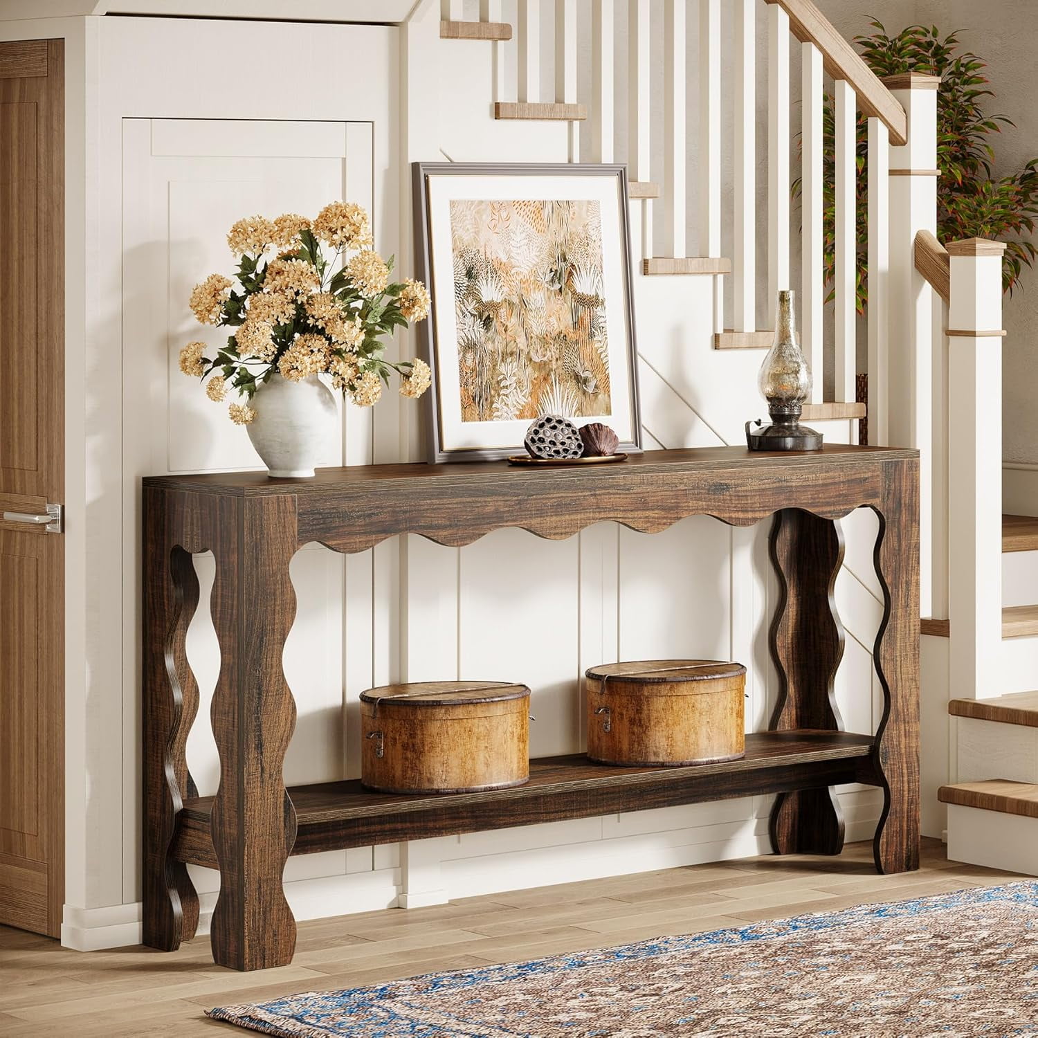 Finmind 63" Modern Rustic Entryway Table, Long Narrow Console Table with Scalloped Edge and Storage Shelf, Accent Sofa Table for Living Room or Hallwa, Brown