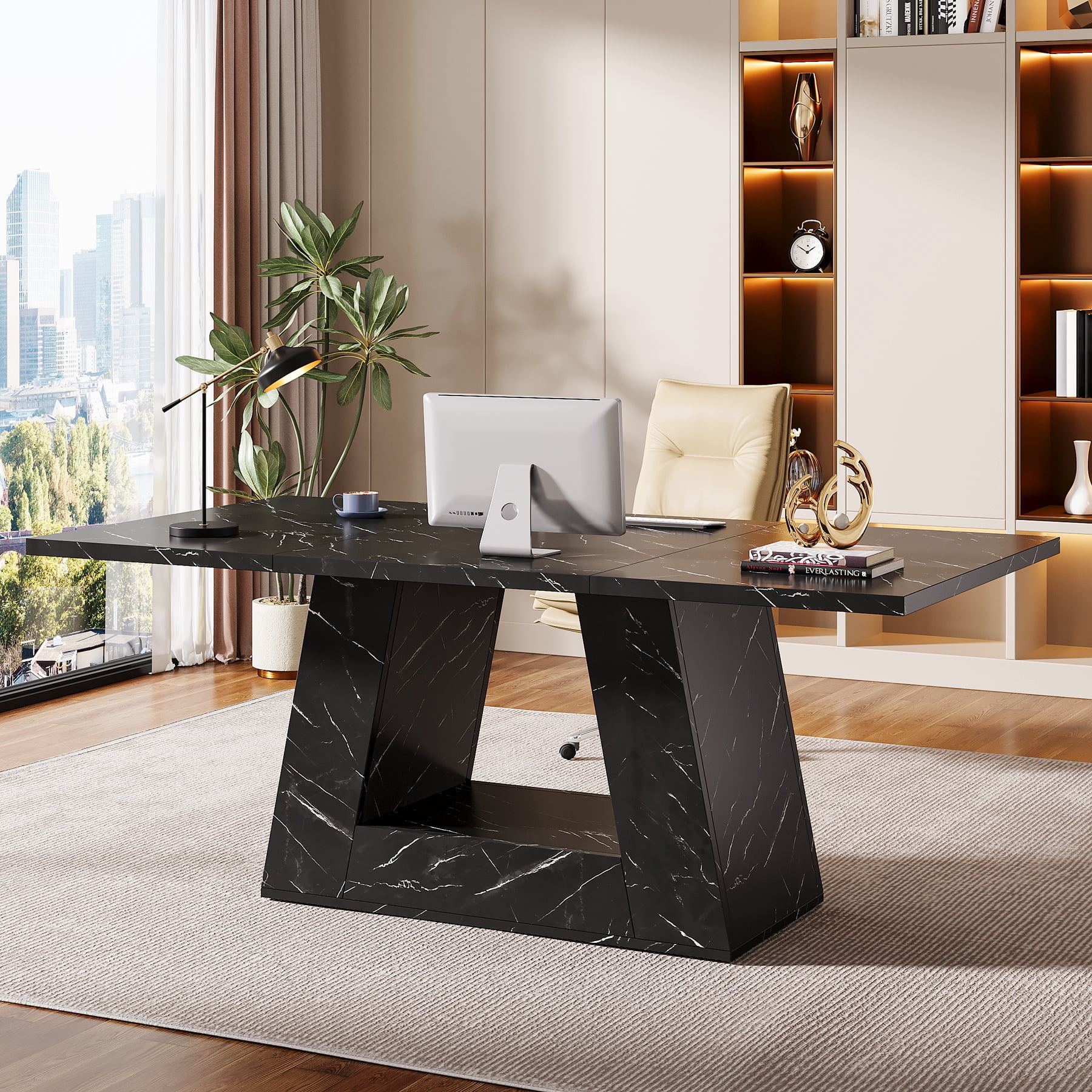 Finmind 63" Office Executive Desk, Modern Wooden Faux Marble Computer Desk with Sturdy Base