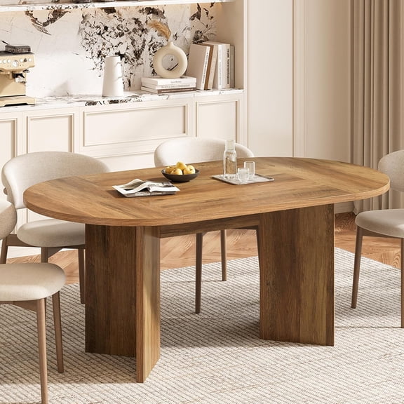 Finmind 63" Rustic Oval Dining Table for 24, Farmhouse MDF Kitchen Table with Metal Base, Umber