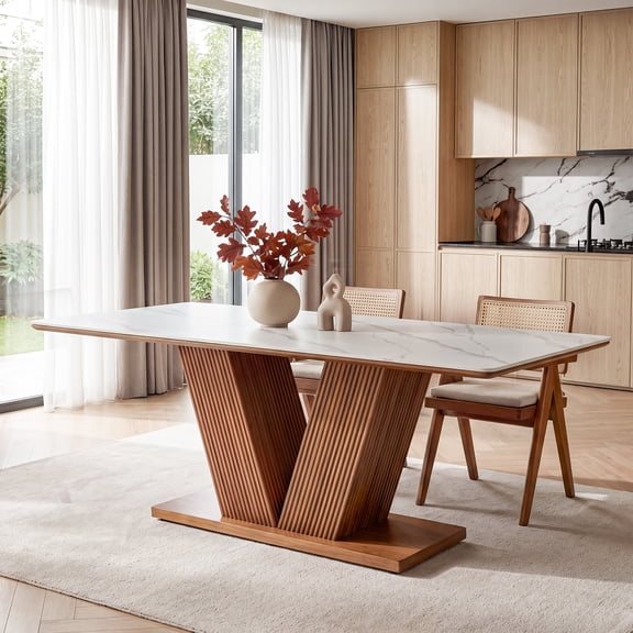 Finmind 63" Sintered Stone Dining Table for 4-6, Modern Rectangle Kitchen Table with Fluted Walnut V-shaped Base for Dining Room