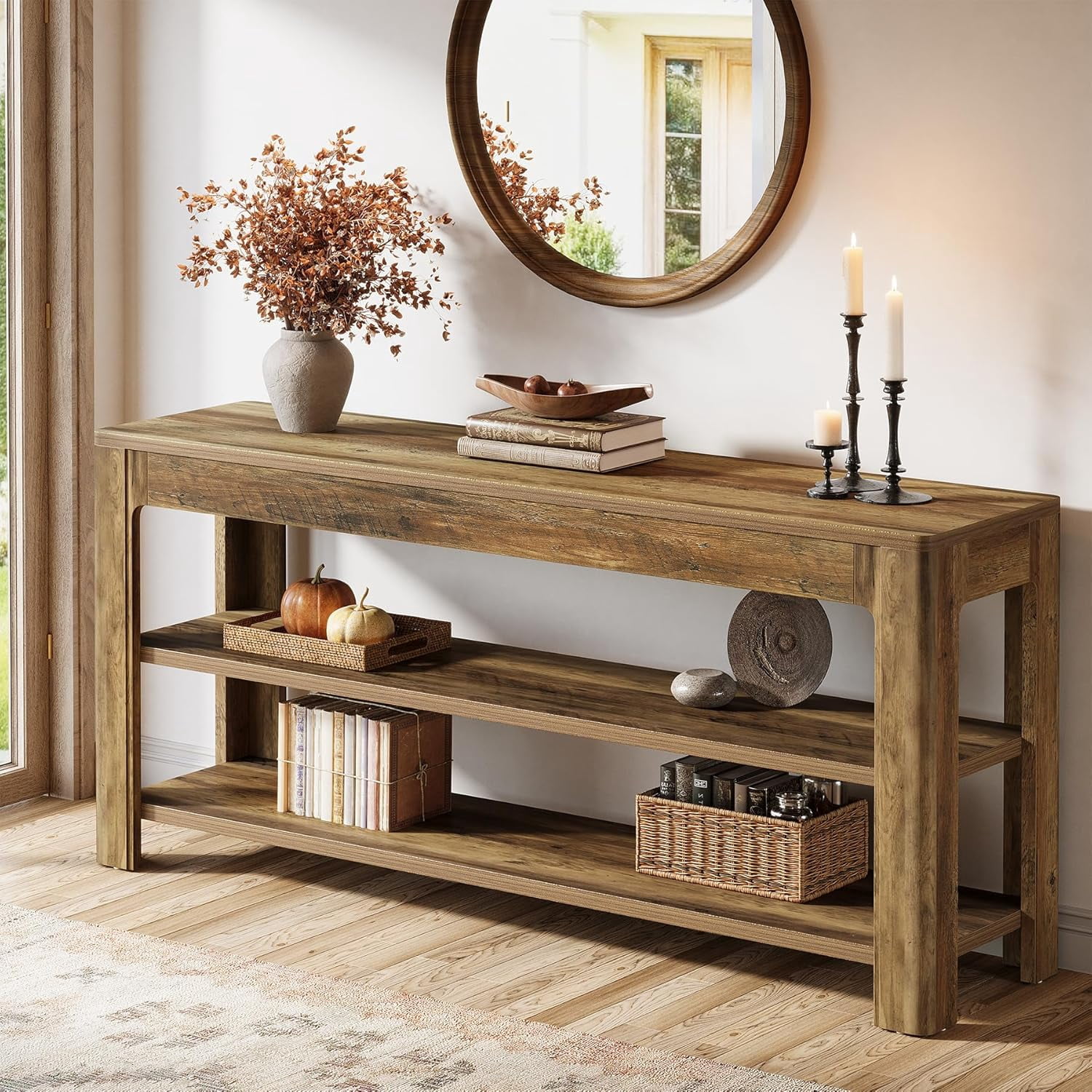 Finmind 63" Sofa Entryway Table, Farmhouse Wooden Console Table with Storage Shelves, Rustic Brown