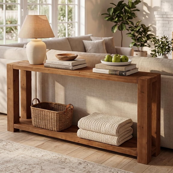 Finmind 63" Solid Fir Wood Console Table, Narrow Long Entryway Table with 2-Tier Open Shelf for Living Room, Hallway, Rustic Brown