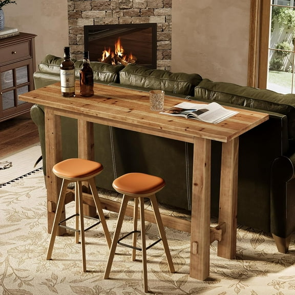 Finmind 63" Solid Wood Bar Table, Counter Height Pub Table for 4-6, Rustic High Top Dining Table for Kitchen, Home Bar, Café, Natural