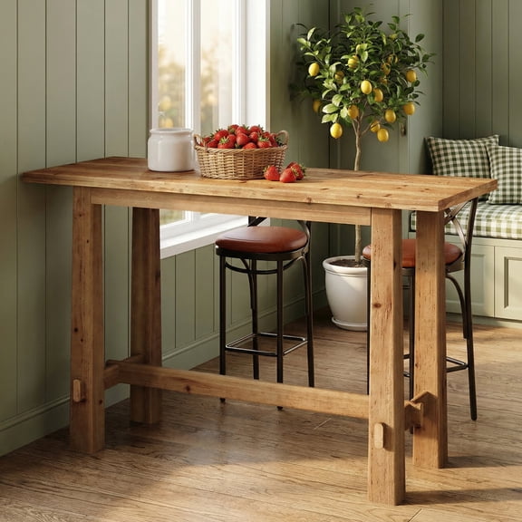 Finmind 63" Solid Wood Bar Table, Farmhouse Bar Height Bistro Pub Table with Sturdy Legs, Natural Brown