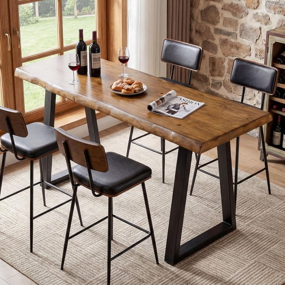 Finmind 63" Solid Wood Bar Table, Live Edge Counter Height Pub Table with Metal Legs, Rustic Brown & Black
