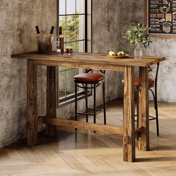 Finmind 63" Solid Wood Bar Table, Long Counter Height Pub Table for Kitchen, Home Bar, Café, Rustic Brown