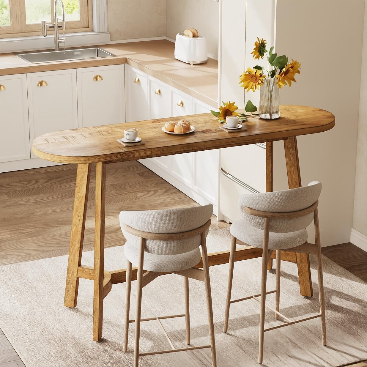 Finmind 63" Solid Wood Bar Table, Rustic Oval Counter Height Table with ...