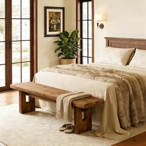 Finmind 63" Solid Wood Bench, Extra Long Farmhouse Dining Bench for Kitchen Table, Rustic Wooden Entryway Bench, End of Bed Indoor Seating, Natural Brown
